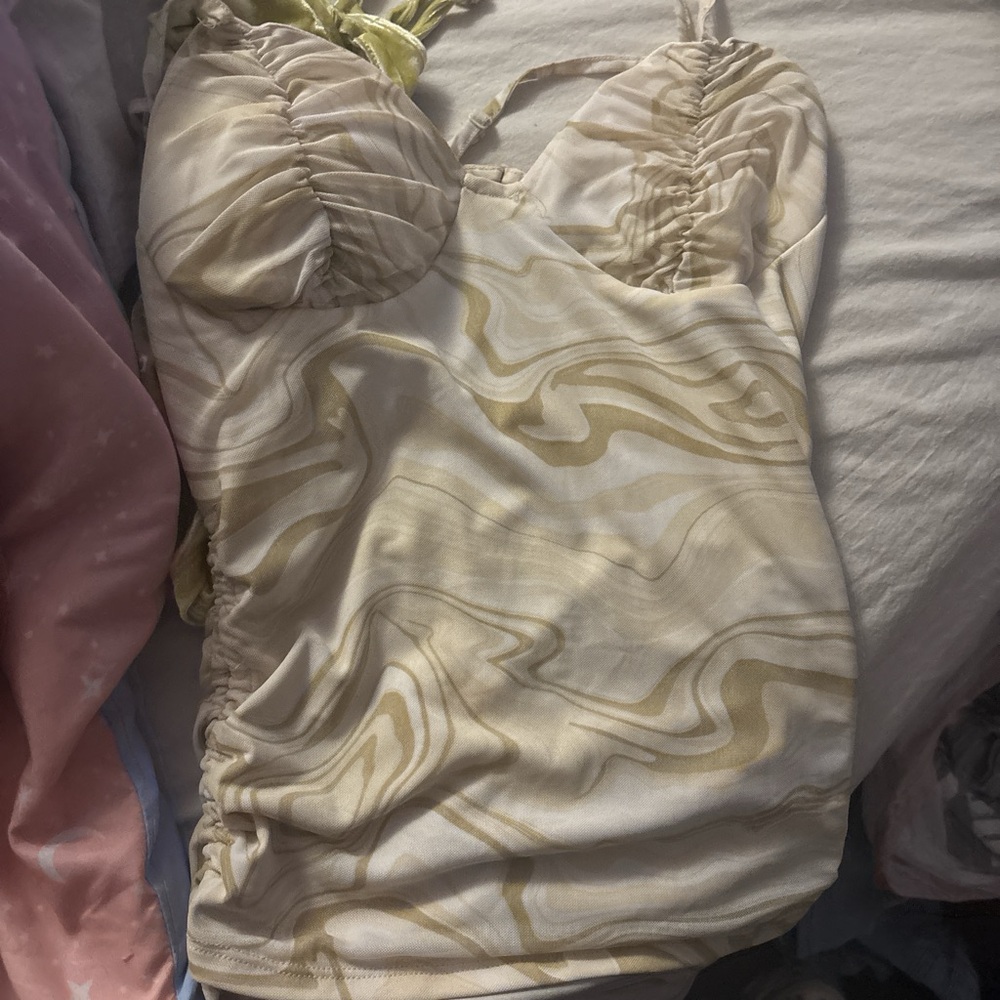 Swirled Cream and Gold Ruched Dress